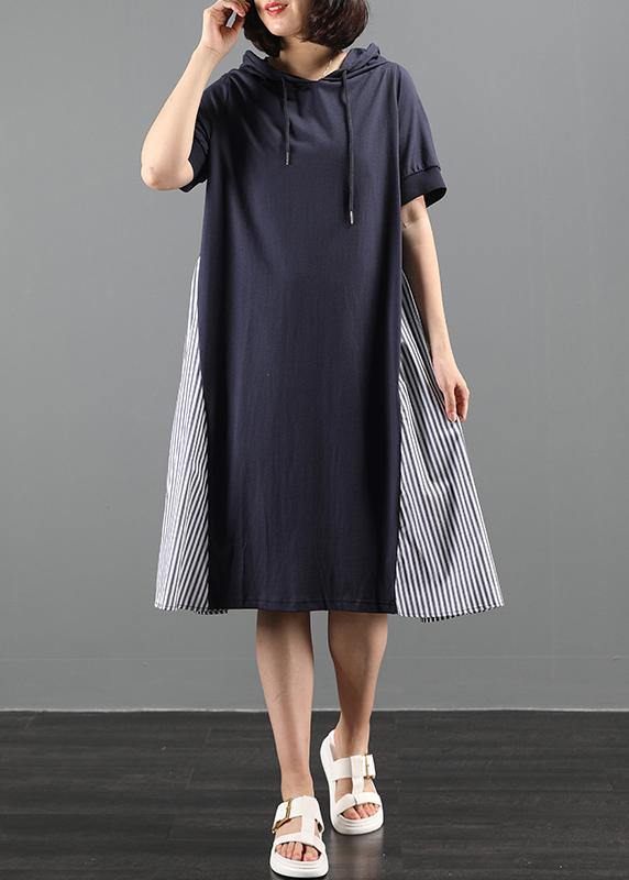Navy Tunic Dress Hooded Patchwork Striped Maxi Dresses