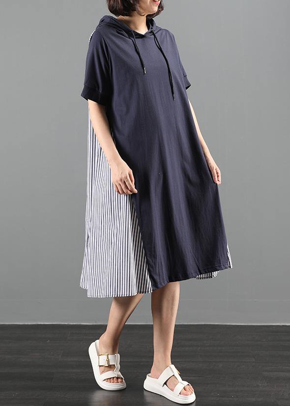 Navy Tunic Dress Hooded Patchwork Striped Maxi Dresses