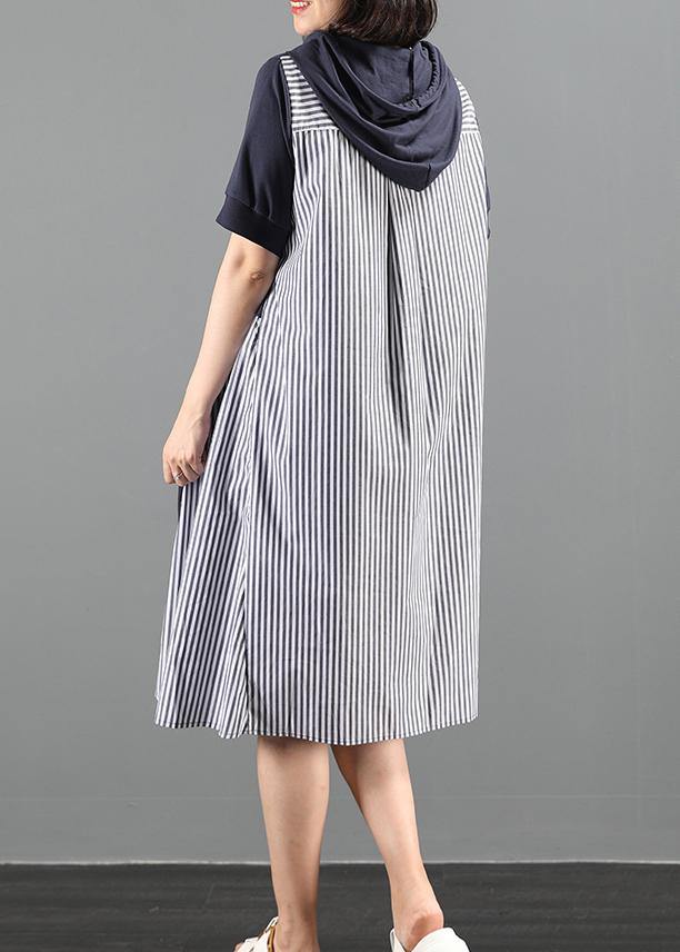 Navy Tunic Dress Hooded Patchwork Striped Maxi Dresses