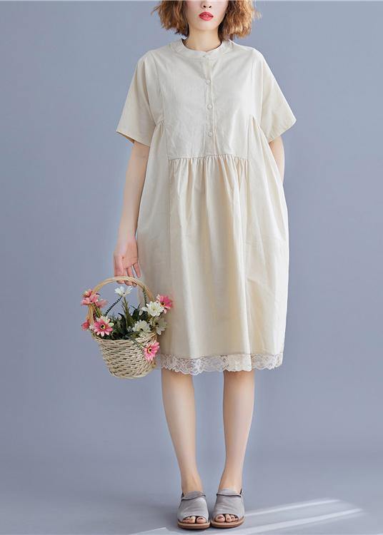 Nude Cotton Quilting Dresses O Neck Patchwork Lace Summer Dresses