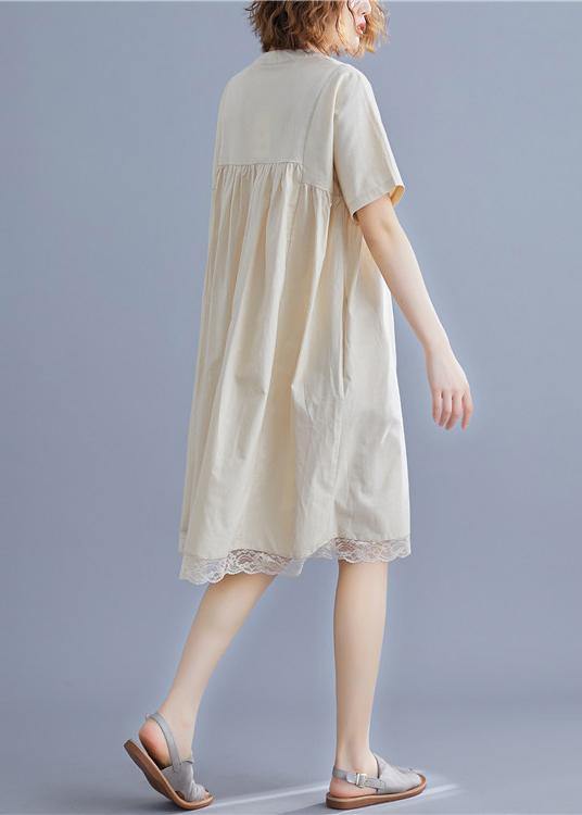 Nude Cotton Quilting Dresses O Neck Patchwork Lace Summer Dresses