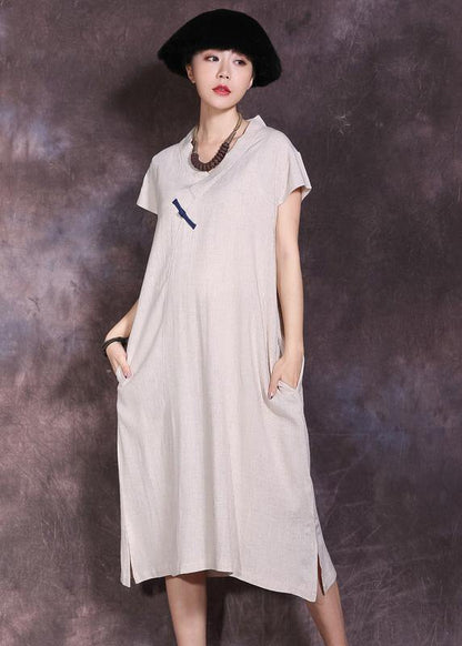 Nude V Neck Linen Dress Side Open Summer Dresses