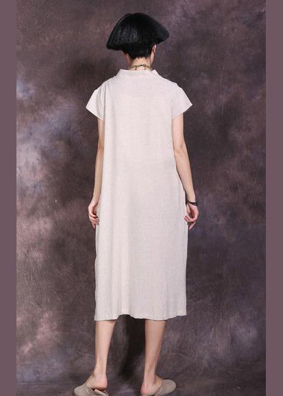 Nude V Neck Linen Dress Side Open Summer Dresses