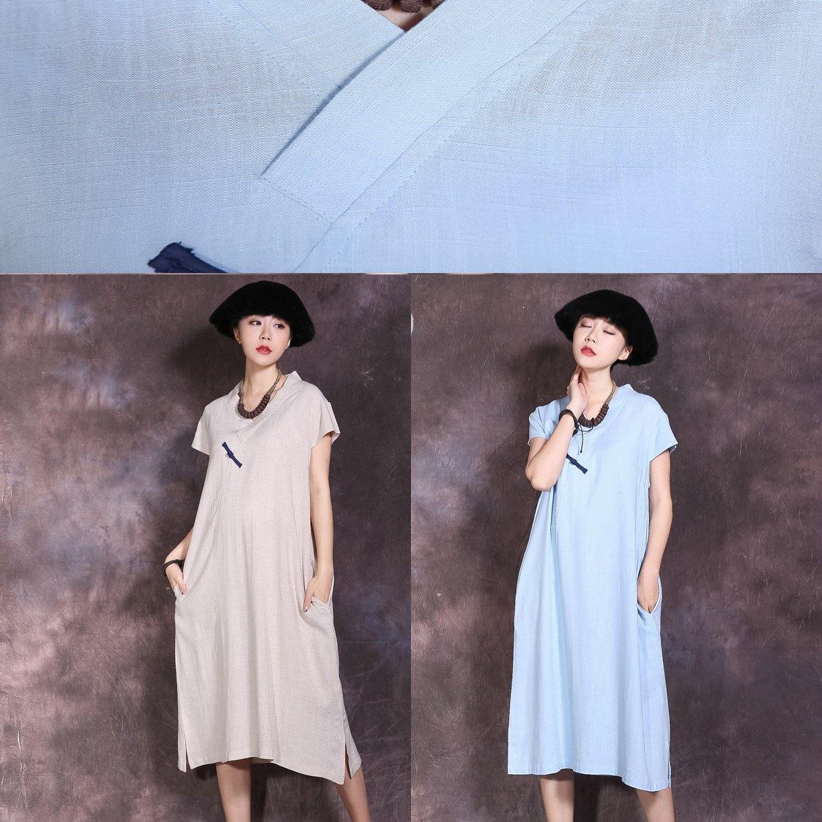 Nude V Neck Linen Dress Side Open Summer Dresses