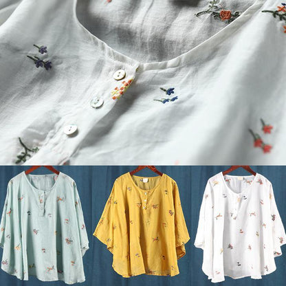 O Neck Batwing Sleeve Tunic Wardrobes Yellow Embroidery Blouses