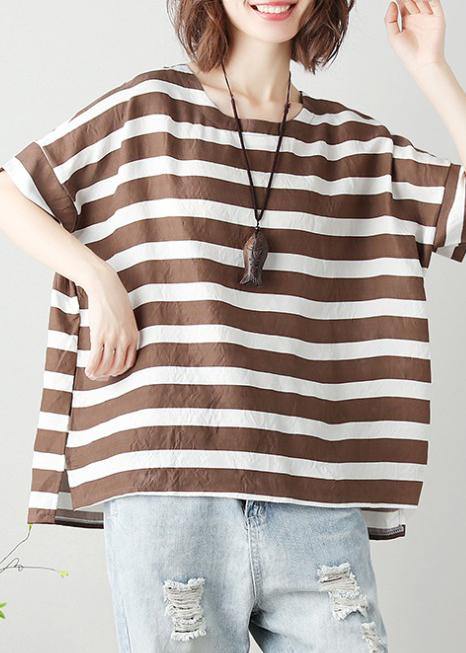 O Neck Batwing Sleeve Cotton Tunic Top Work Chocolate Striped Shirt