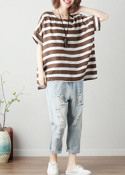 O Neck Batwing Sleeve Cotton Tunic Top Work Chocolate Striped Shirt