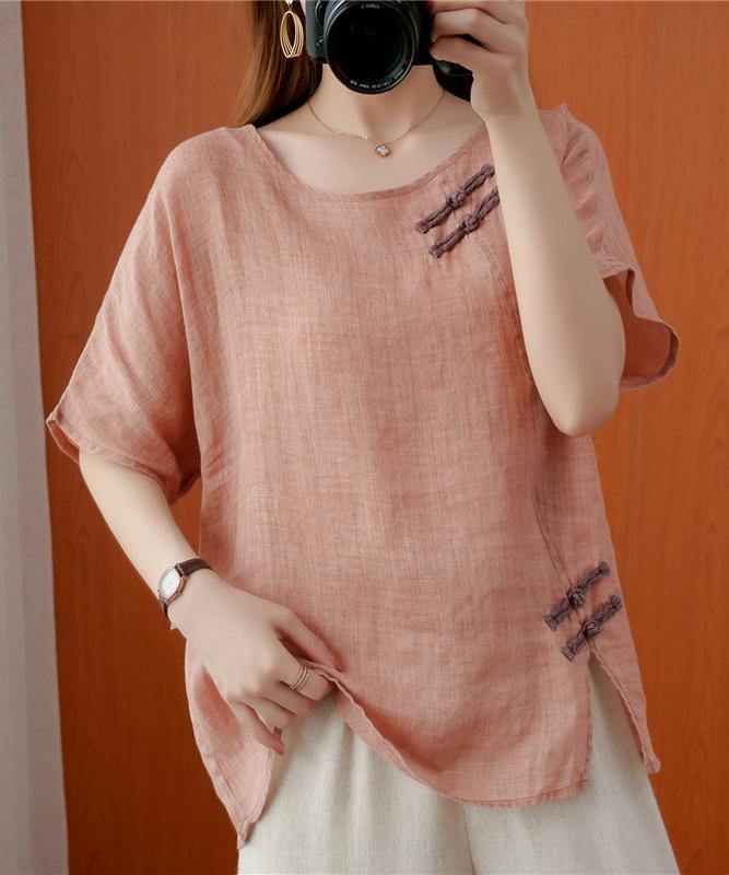 O Neck Chinese Button Clothes for Photography Light Pink Tops