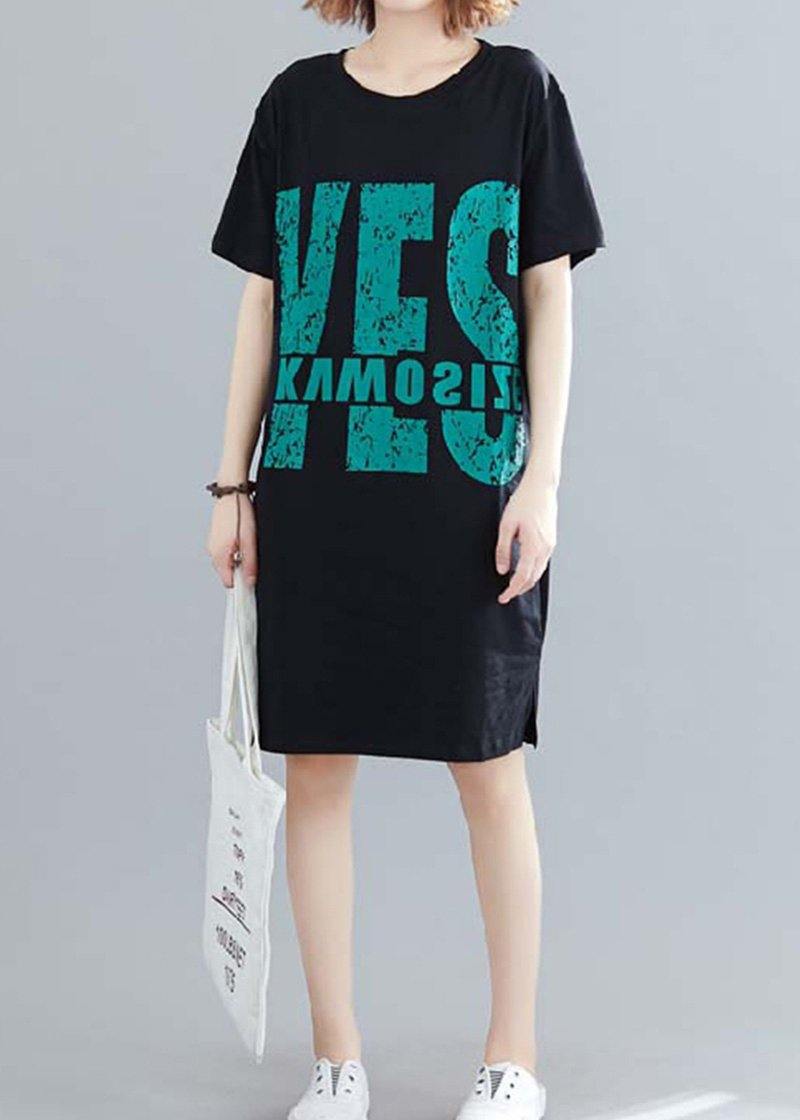 O Neck Cotton Clothes Black Print Dress Summer