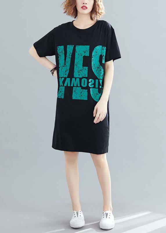 O Neck Cotton Clothes Black Print Dress Summer