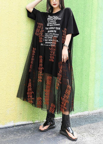 O Neck Letter Cotton Summer Long Pattern Black Dresses