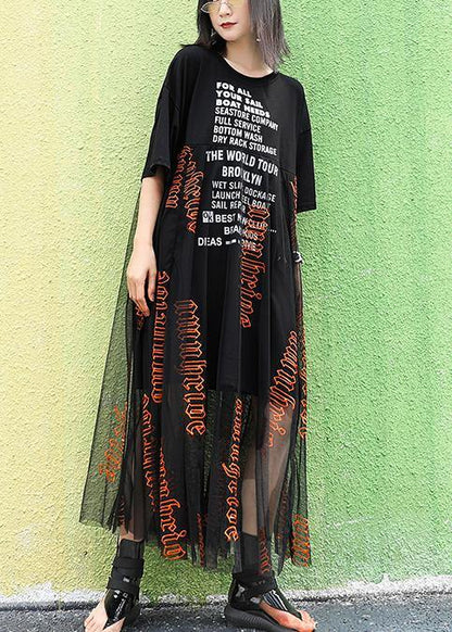 O Neck Letter Cotton Summer Long Pattern Black Dresses