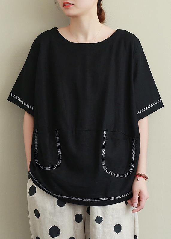O Neck Open Wire Decoration Linen Summer Clothes Black Short Shirt