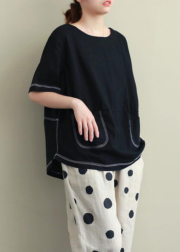 O Neck Open Wire Decoration Linen Summer Clothes Black Short Shirt