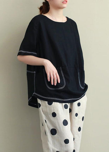 O Neck Open Wire Decoration Linen Summer Clothes Black Short Shirt