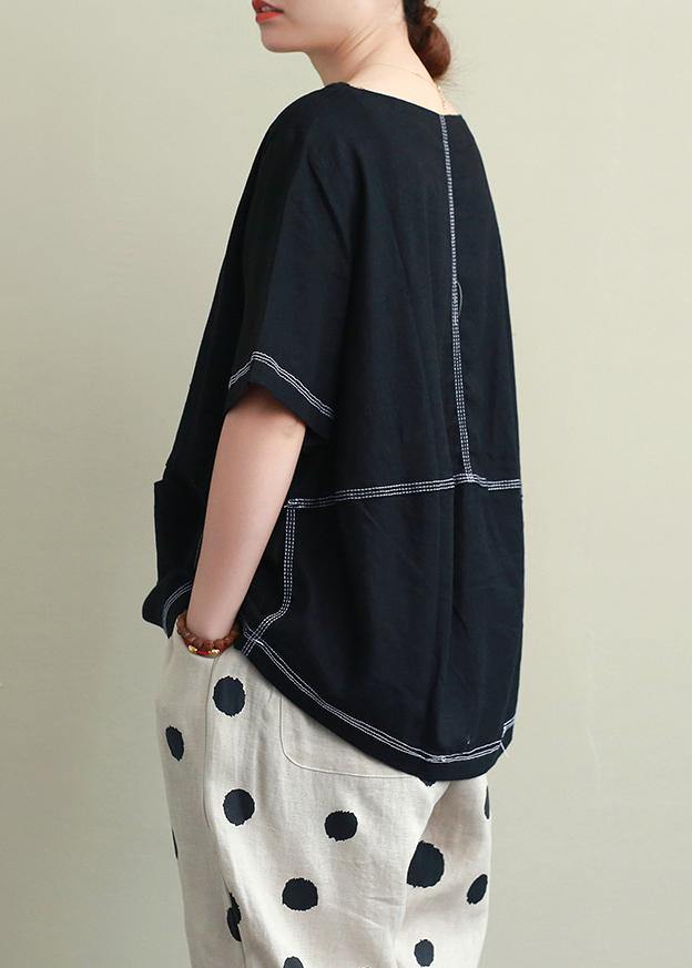 O Neck Open Wire Decoration Linen Summer Clothes Black Short Shirt