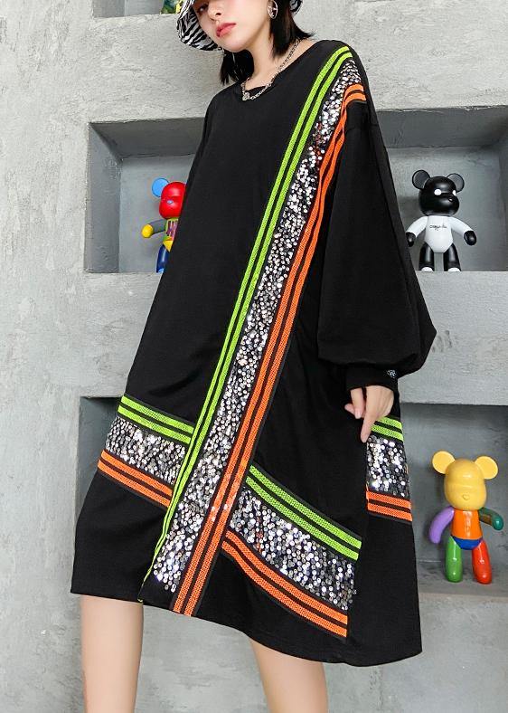 O Neck Sequined Quilting Dresses Shape Black Dress