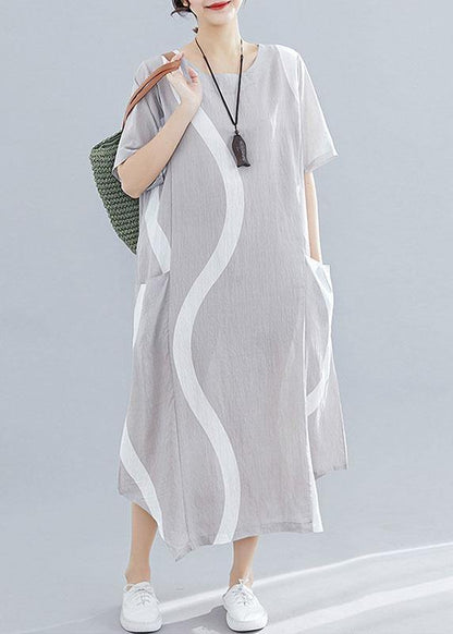 O Neck Asymmetric Cotton Clothes for Design Light Gray Striped Maxi Dresses Summer