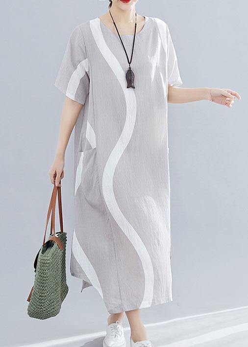 O Neck Asymmetric Cotton Clothes for Design Light Gray Striped Maxi Dresses Summer