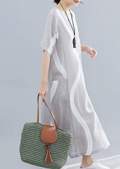 O Neck Asymmetric Cotton Clothes for Design Light Gray Striped Maxi Dresses Summer