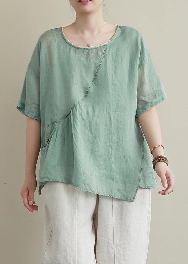 O Neck Asymmetric Cotton Linen Summer Clothes for Green Blouse