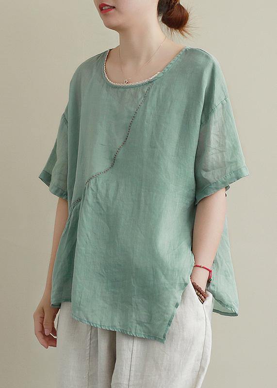 O Neck Asymmetric Cotton Linen Summer Clothes for Green Blouse