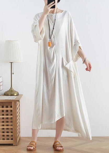 O Neck Asymmetric Cotton Summer Clothes Tutorials White Loose Dresses