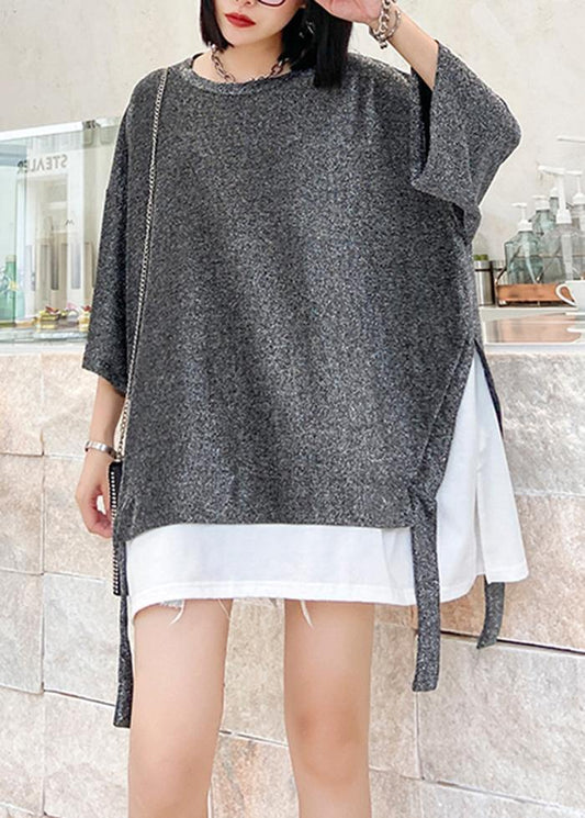 O Neck Asymmetric Cotton Summer for Tops Silver Gray Shirts