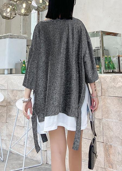 O Neck Asymmetric Cotton Summer for Tops Silver Gray Shirts