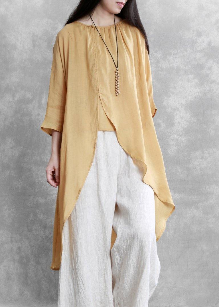 O Neck Asymmetric Crane Tops Pattern Yellow Tops