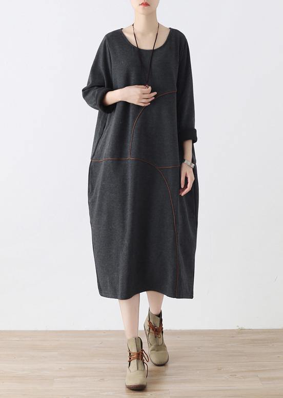 O Neck Asymmetric Fall Tunic Pattern Work Outfits Gray Robe Dresses