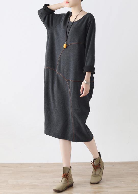 O Neck Asymmetric Fall Tunic Pattern Work Outfits Gray Robe Dresses