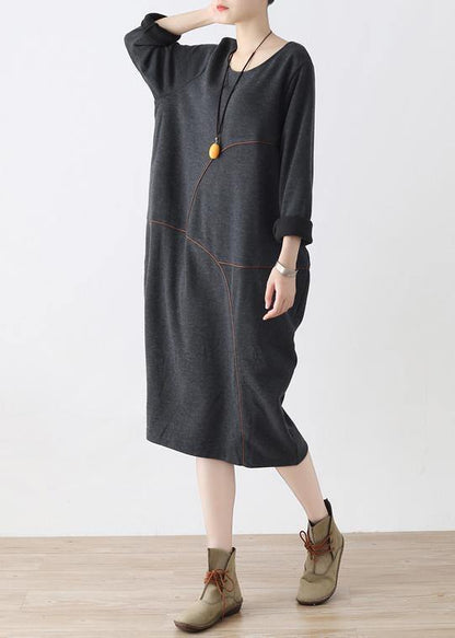 O Neck Asymmetric Fall Tunic Pattern Work Outfits Gray Robe Dresses