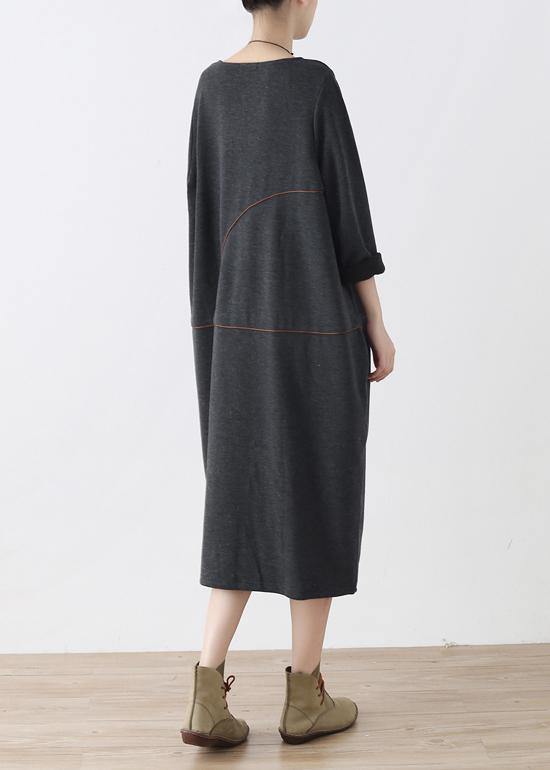 O Neck Asymmetric Fall Tunic Pattern Work Outfits Gray Robe Dresses