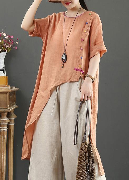 O Neck Asymmetric Linen Blouses for Pattern Orange Tops