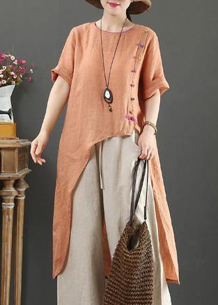 O Neck Asymmetric Linen Blouses for Pattern Orange Tops
