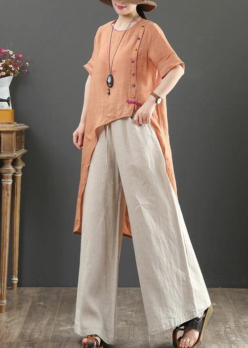 O Neck Asymmetric Linen Blouses for Pattern Orange Tops