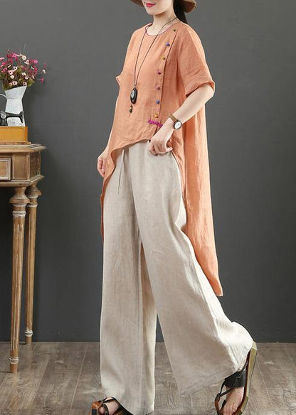 O Neck Asymmetric Linen Blouses for Pattern Orange Tops