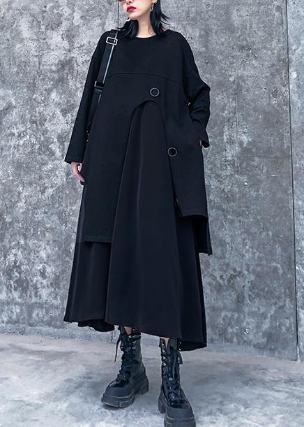 O Neck Asymmetric Quilting Clothes Pattern Black Dress