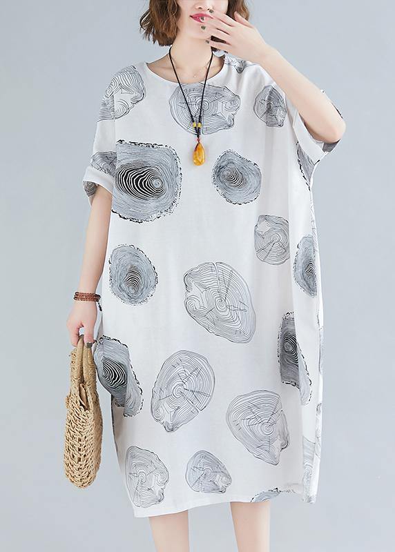 O Neck Baggy Cotton Summer Clothes Linen White Print Dresses