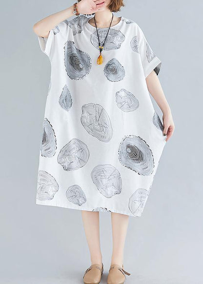 O Neck Baggy Cotton Summer Clothes Linen White Print Dresses