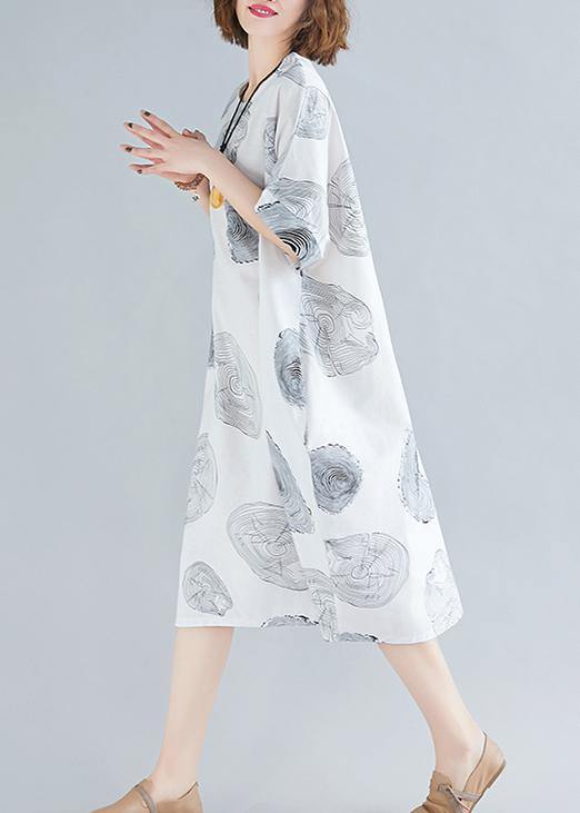 O Neck Baggy Cotton Summer Clothes Linen White Print Dresses