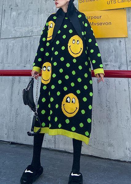 O Neck Baggy Sweater Dress Outfit Green Dotted Fuzzy Knitted Dress