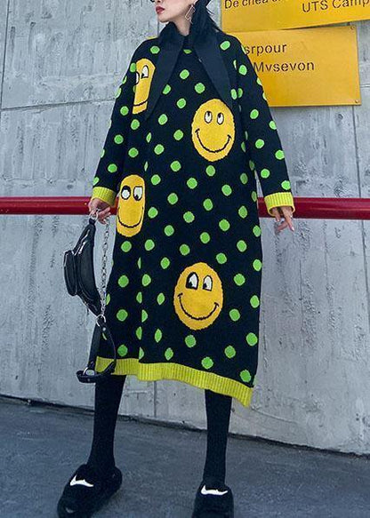 O Neck Baggy Sweater Dress Outfit Green Dotted Fuzzy Knitted Dress