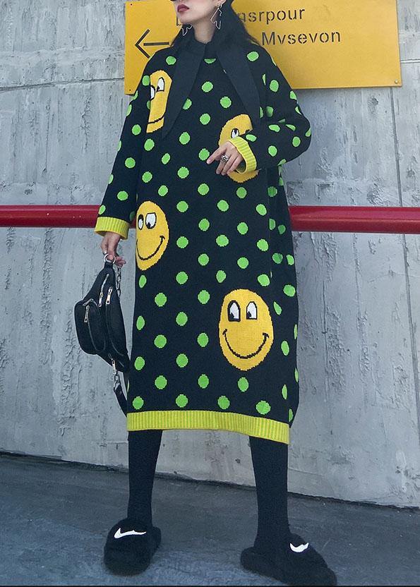 O Neck Baggy Sweater Dress Outfit Green Dotted Fuzzy Knitted Dress