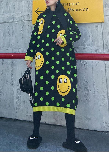 O Neck Baggy Sweater Dress Outfit Green Dotted Fuzzy Knitted Dress