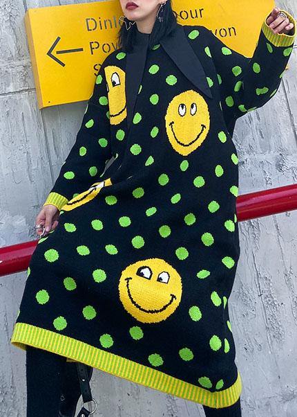 O Neck Baggy Sweater Dress Outfit Green Dotted Fuzzy Knitted Dress