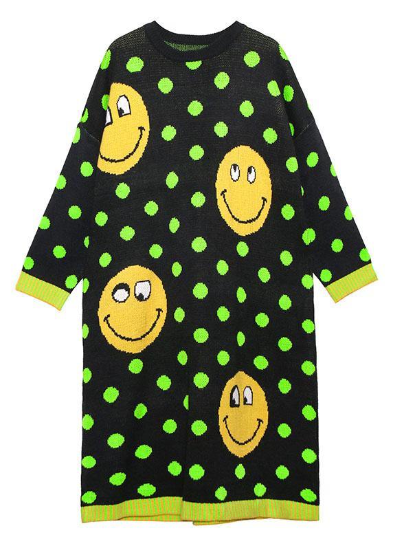 O Neck Baggy Sweater Dress Outfit Green Dotted Fuzzy Knitted Dress