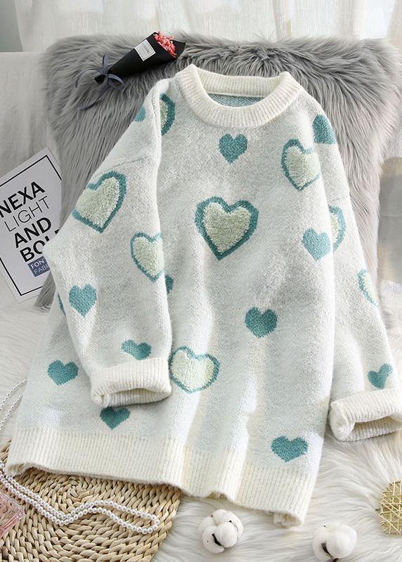 O Neck Blue Knit Sweat Tops Oversized Love Knitted Pullover