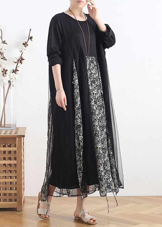 O Neck Clothes Tutorials Black Patchwork Print Maxi Dresses
